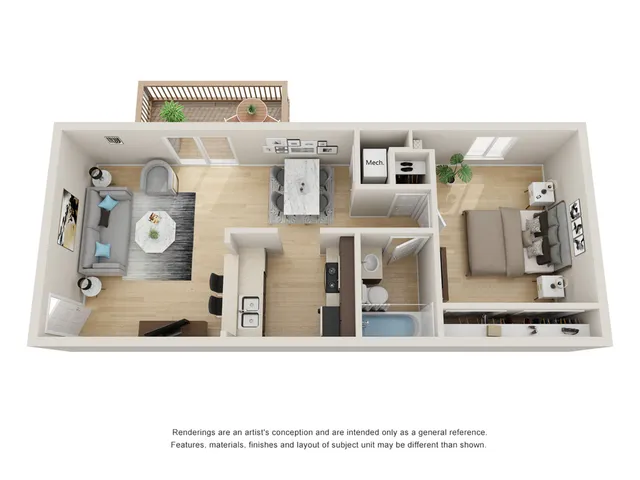 1 bedroom, 1 bathroom layout