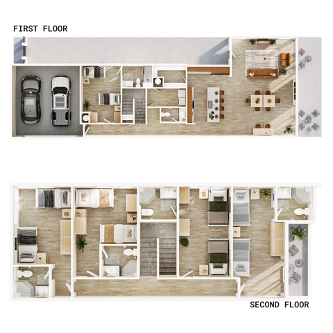 Modern multi-level floor plan showcasing an inviting open-concept first floor with sleek kitchen and dining area, two-car garage, and a spacious patio, complemented by a second floor of three elegant bedrooms with en-suite bathrooms, all enhanced by abundant natural light.