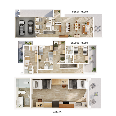Charming two-story floor plan with a casita featuring three bedrooms, an open living area, a modern kitchen, and a dual car garage, perfect for spacious and comfortable living.