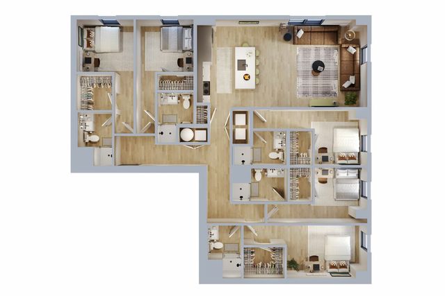 Modern L-shaped floor plan featuring 4 bedrooms, a spacious open-concept living and dining area, and sleek bathrooms.