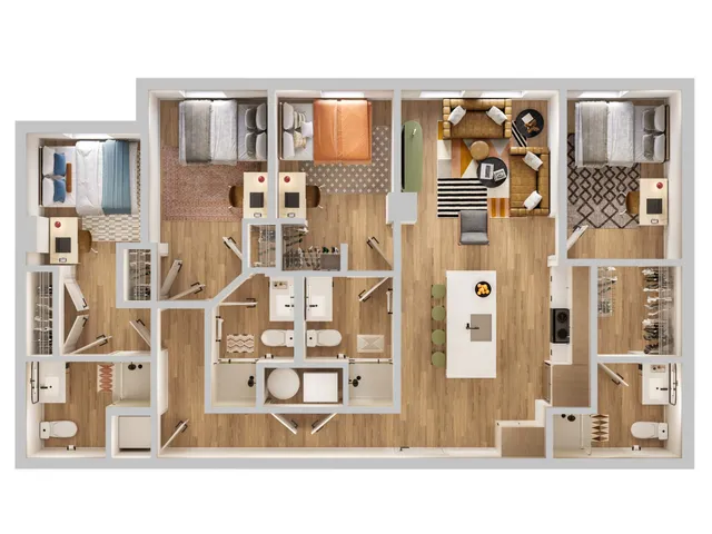 Contemporary 3-bedroom floor plan showcasing elegant living area, modern kitchen with island, and two sleek bathrooms.