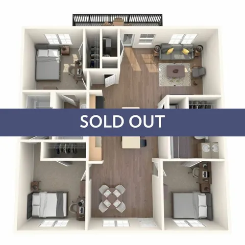 Contemporary 3D floor plan featuring three bedrooms, a cozy living room, and a modern kitchen, marked as sold out.