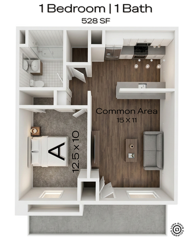 Chic 1-bedroom, 1-bath apartment floor plan with 528 square feet, featuring a cozy common area perfect for relaxation.