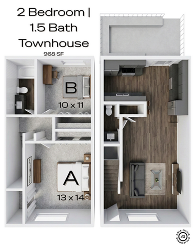 Modern 2-bedroom, 1.5-bath townhouse floor plan with spacious living area and sleek kitchen, totaling 968 sq ft.