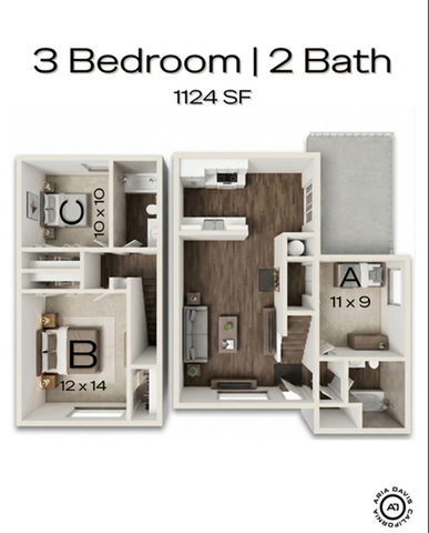 Modern 3 bedroom, 2 bath floor plan with open-concept living space, sleek kitchen, and 1124 SF of comfort.