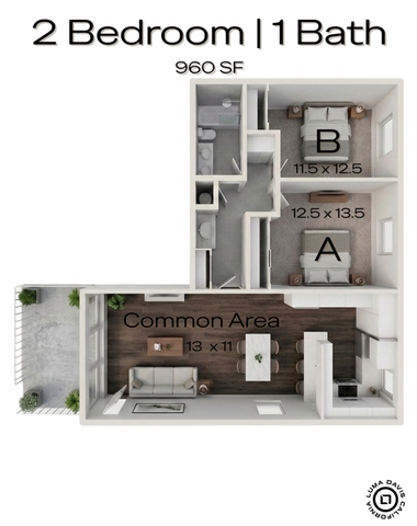 Modern 960 SF floor plan showcasing 2 bedrooms, 1 elegant bathroom, and a bright common area with balcony access.