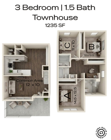 Elegant 3-bedroom, 1.5-bath townhouse floor plan, featuring a spacious common area and modern kitchen, totaling 1235 sq ft.