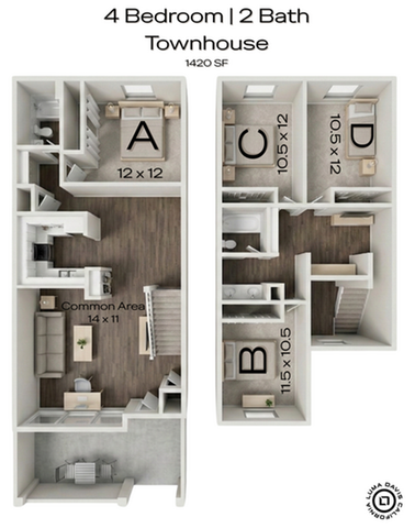 Modern 3D floor plan of a 4 bedroom, 2 bath townhouse, featuring a spacious common area and well-appointed kitchen, totaling 1420 sq ft.