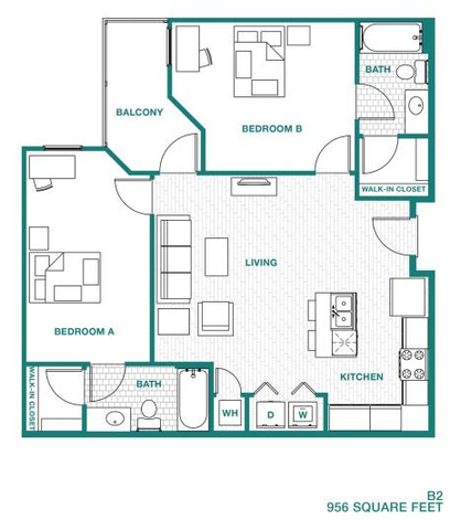 Modern apartment floor plan featuring 2 bedrooms, open living area, sleek kitchen, 2 bathrooms, walk-in closets, and a cozy balcony. Total area 956 square feet.