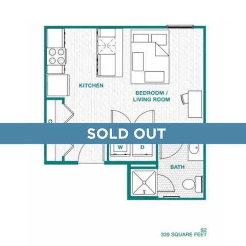 Modern studio apartment floor plan featuring an open kitchen and combined living/bedroom area, with dedicated bath and laundry space, totaling 339 square feet.