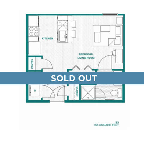 Efficient studio floor plan with a cozy kitchen, combined bedroom/living room, and a well-organized bathroom, totaling 356 square feet. Sold out.