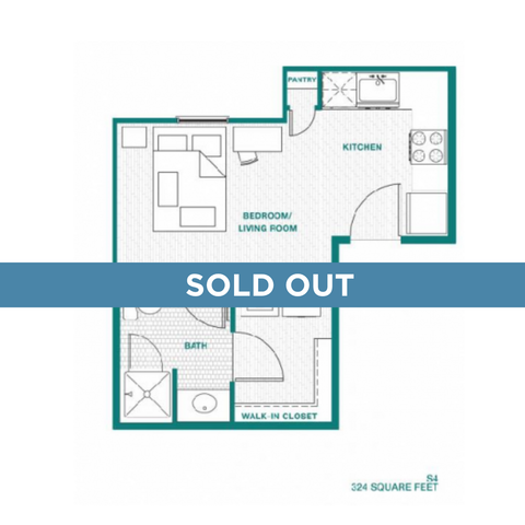 Compact studio floor plan featuring a combined bedroom and living room area, functional kitchen, walk-in closet, and a bath, covering 324 square feet.