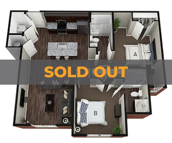 Modern 3D floor plan of a stylish apartment featuring 2 cozy bedrooms, elegant kitchen with island, and a welcoming living area, showcasing efficient use of space.