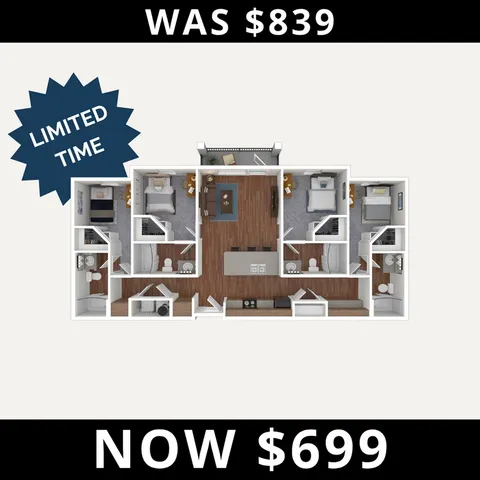 Contemporary 2D floor plan with 3 bedrooms, spacious living area, and modern kitchen, now only $699 for a limited time.