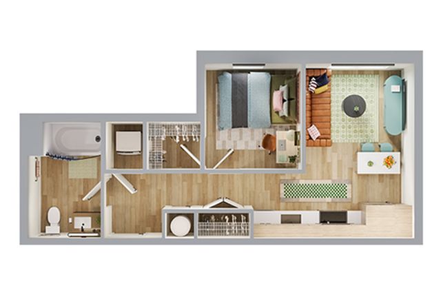 Modern 2D floor plan showcasing a cozy 1-bedroom apartment with an inviting living area, chic kitchen, and stylish bathroom.