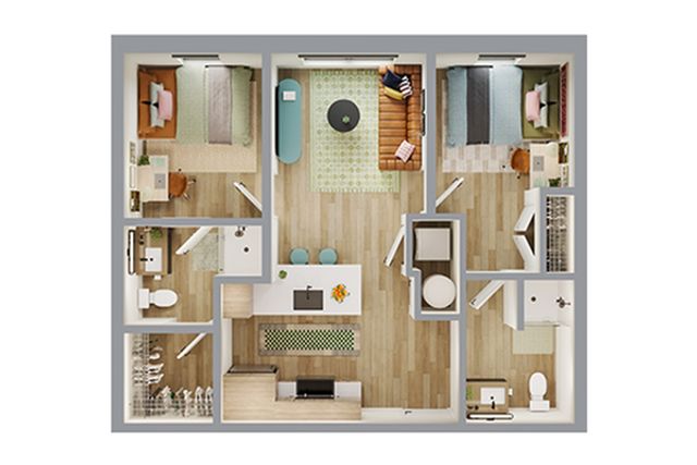 Contemporary 3D floor plan featuring two cozy bedrooms, an inviting open-concept living and dining area, plus a modern kitchen with island seating.