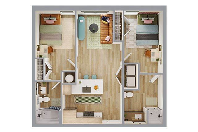 Modern 2D floor plan showcasing 2 bedrooms, open living and dining area, sleek kitchen, and stylish design.