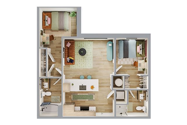 Modern floor plan showcasing 2 bedrooms, cozy living area, stylish open kitchen, and two bathrooms in an elegant layout.