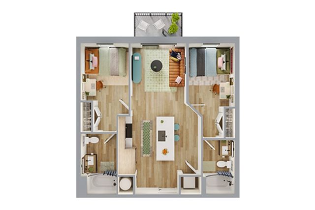 Modern apartment floor plan showcasing 2 cozy bedrooms, sleek open-concept kitchen, and inviting living area with balcony access.