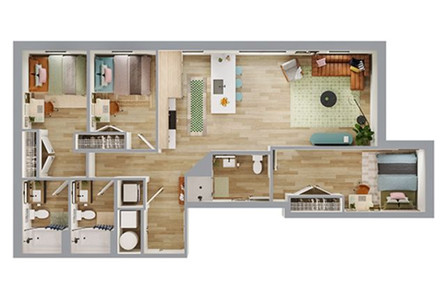 Modern 3-bedroom apartment floor plan with open-concept living and dining area, chic kitchen, and two bathrooms.