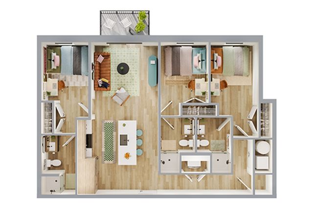 Modern 3D floor plan featuring 3 bedrooms, an airy living area, and a chic kitchen with a breakfast bar. Includes two bathrooms and a cozy balcony for outdoor relaxation.