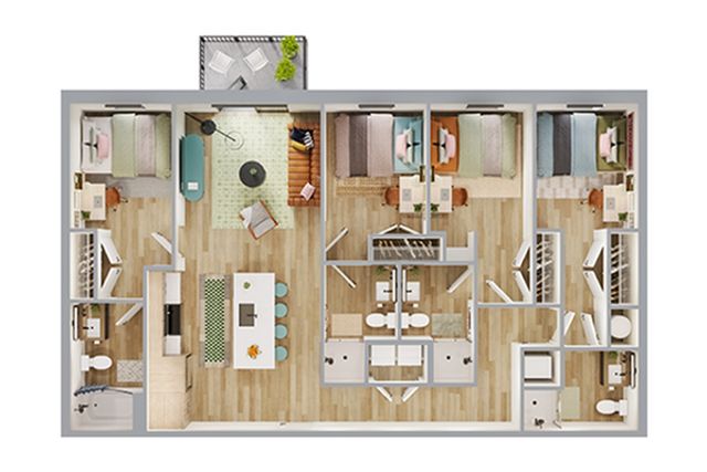 Modern floor plan showcasing a spacious layout with three bedrooms, open living and dining area, and sleek kitchen with island seating.