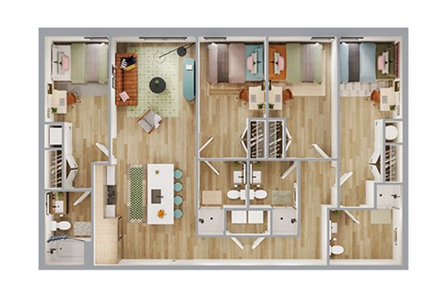 Contemporary floor plan showcasing 4 bedrooms, a spacious living area, and a modern kitchen with island seating.