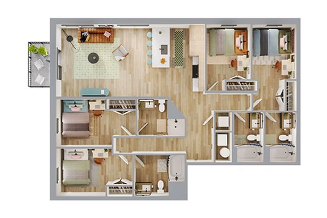 Modern floor plan featuring three bedrooms, two elegant bathrooms, an open living area, and a stylish kitchen with island, complemented by a cozy balcony.