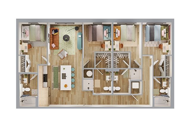 Contemporary apartment floor plan showcasing 3 bedrooms, an inviting open-concept living area, and a modern kitchen with a breakfast bar.