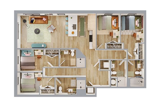 Contemporary floor plan showcasing 3 bedrooms, an inviting open-concept living area, modern kitchen, and ample natural light.