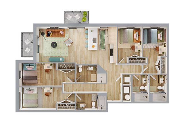 Contemporary 3D floor plan showcasing 3 bedrooms, a stylish open living area, modern kitchen, and two bathrooms with balcony views.