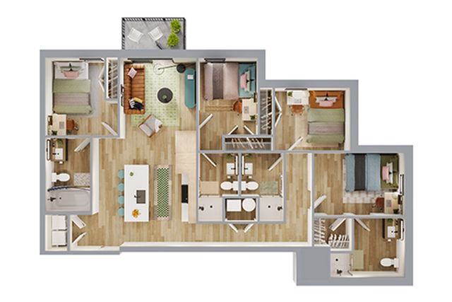 Chic apartment floor plan showcasing 3 bedrooms, modern open-plan kitchen, cozy living area, and two sleek bathrooms.