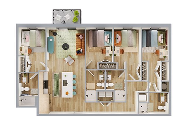 Bright and modern apartment floor plan featuring 3 cozy bedrooms, spacious open-concept living and dining area, large kitchen with island, two stylish bathrooms, and an inviting balcony.