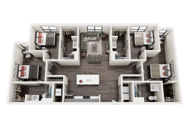 Modern 3D floor plan showcasing three bedrooms, a cozy living area, and a sleek open kitchen, ideal for contemporary living.