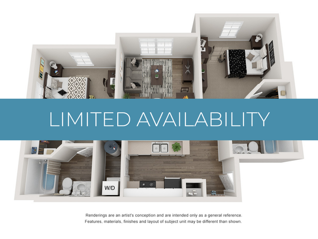 Chic 3D floor plan highlighting a modern apartment with two cozy bedrooms, stylish living room, and sleek kitchen. Limited availability ensures exclusivity.