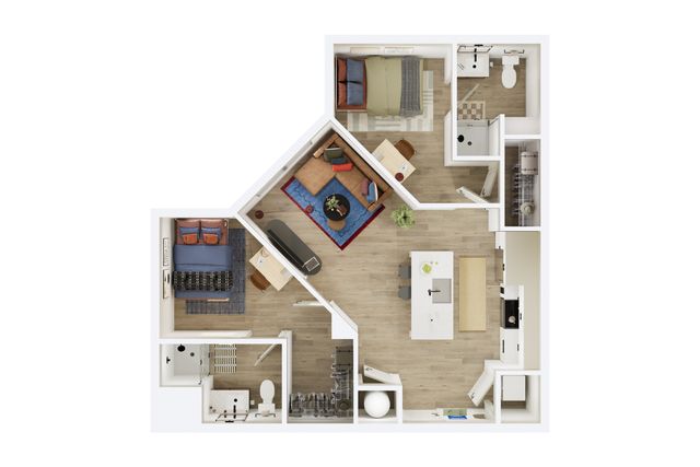 Chic 3D floor plan featuring two luxurious bedrooms, modern bathrooms, an open living area, and a sleek kitchen with an island countertop.