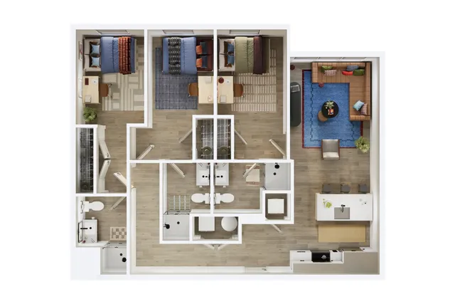 Modern 3D floor plan showcasing three cozy bedrooms, a stylish living area, and a sleek kitchen with a breakfast bar.