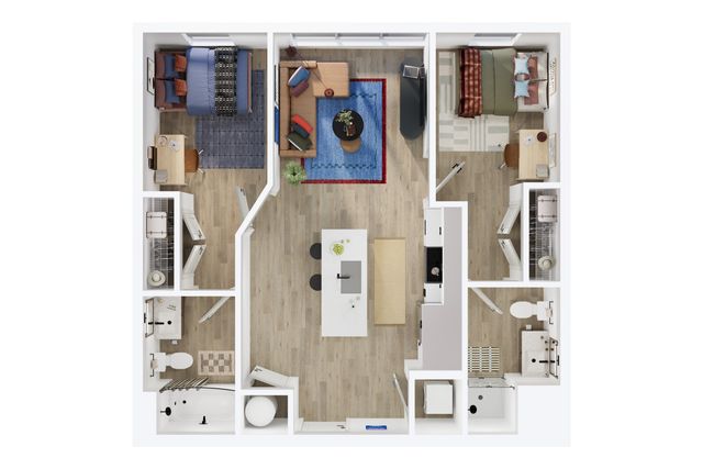 Modern floor plan showcasing two spacious bedrooms, a comfortable living area, and a sleek kitchen with island seating, ideal for contemporary living.
