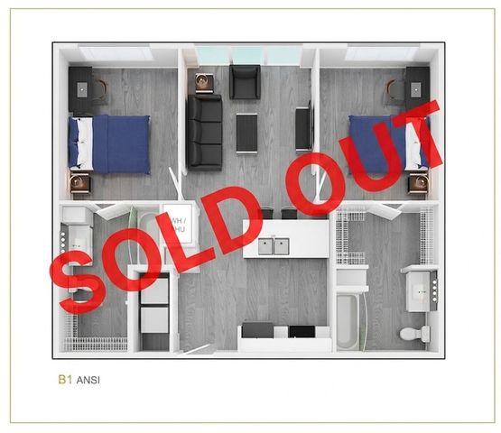 Modern 3D floor plan of B1 unit featuring two bedrooms, a cozy living room, and a sleek kitchen. Sold out status highlighted.