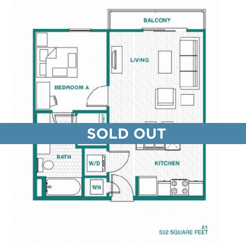 Charming 1-bedroom apartment floor plan featuring a modern kitchen, cozy living area, and private balcony within 552 square feet. This unit is sold out.