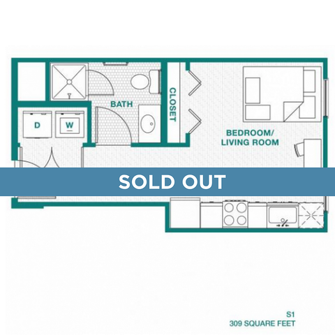 Sleek studio floor plan featuring a combined bedroom and living area, modern kitchen, and well-appointed bathroom, totaling 309 square feet.