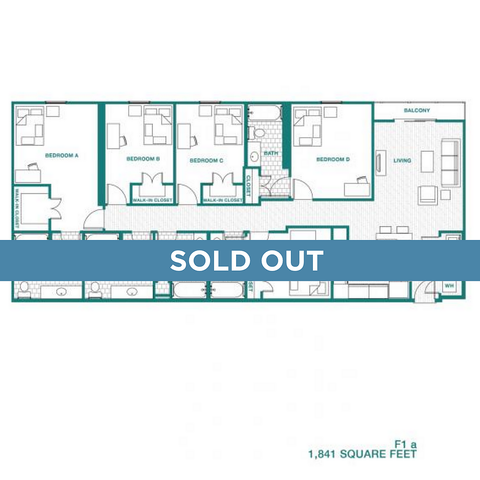 Spacious 4-bedroom floor plan with modern living area, balcony, and large kitchen, totaling 1,841 square feet.