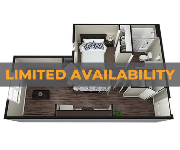 Modern 2D floor plan showcasing a cozy bedroom with en-suite bathroom, stylish living area, and sleek design. Limited availability.