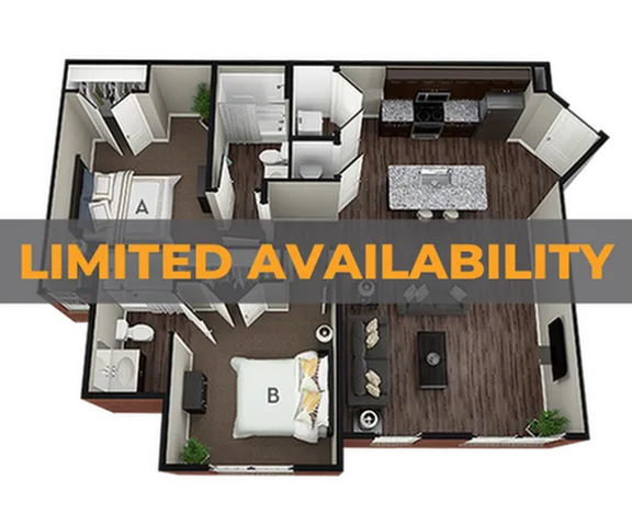 Modern 2-bedroom apartment floor plan with open-concept living area and stylish kitchen; limited availability.