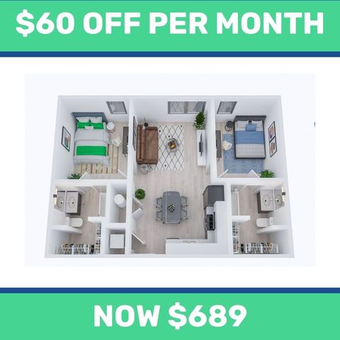 Charming 3D floor plan showcasing two cozy bedrooms, a modern kitchen, and inviting living area. Limited time offer at $689 per month with a $60 discount.