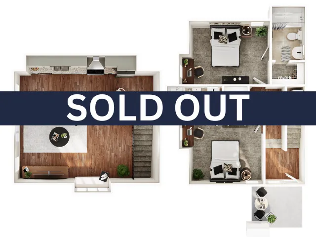 Modern 2D floor plan featuring two cozy bedrooms, a sleek kitchen, and a stylish living area, SOLD OUT sign displayed prominently.