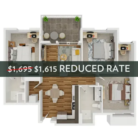 Spacious 3D floor plan with 3 bedrooms, cozy living area, modern kitchen, and balcony, now at reduced rate.