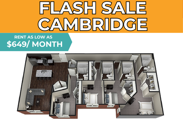 Modern 3D floor plan of the Cambridge apartment, featuring three bedrooms, an open-concept kitchen, and a cozy living area. Available for rent as low as $649/month during flash sale.
