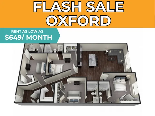 Flash sale on Oxford apartment featuring a stylish 3D floor plan with 3 bedrooms, modern kitchen, and open living area. Rent as low as $649/month.