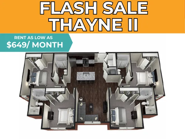 Thayne II floor plan highlighting a modern 3-bedroom, 2-bathroom layout with an open-concept living space and stylish kitchen, available for rent starting at $649 per month.